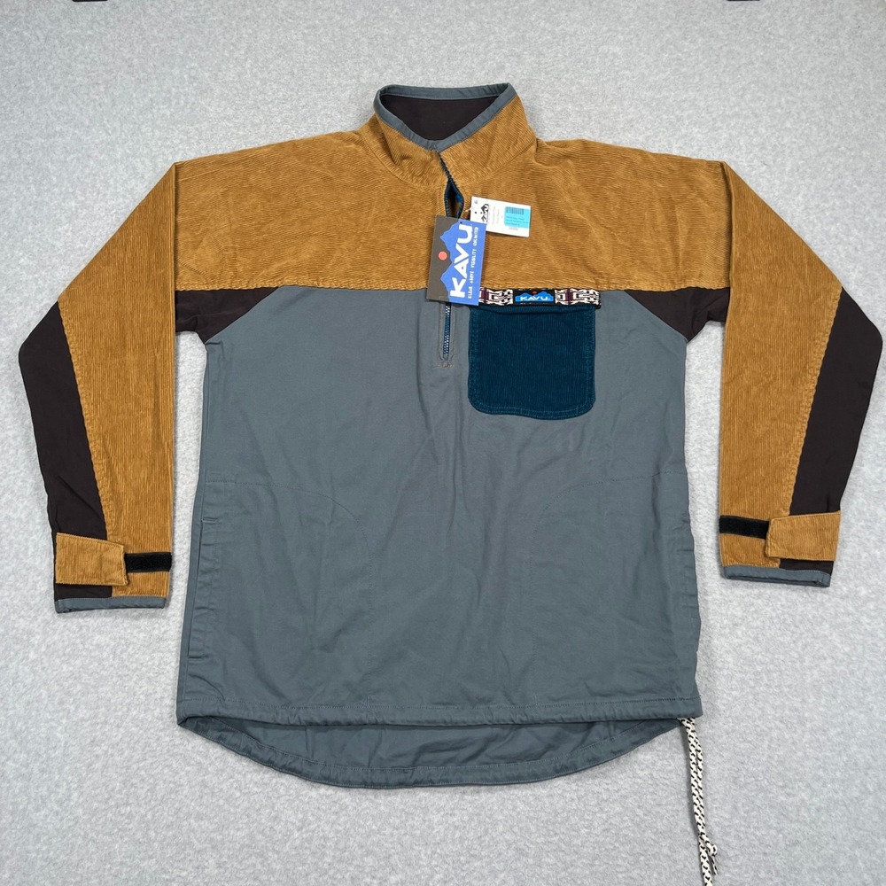 NEW KAVU Throwshirt Flex Mens M Brown Colorblock Corduroy 1/4 Zip Pullover $123